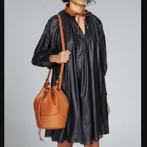 Max Mara Black Sheer Oversized Knee Length Dress Leather Necktie Womens Small